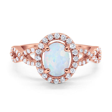 Art Deco Halo Wedding Ring Oval Rose Tone, Lab White Opal 925 Sterling Silver